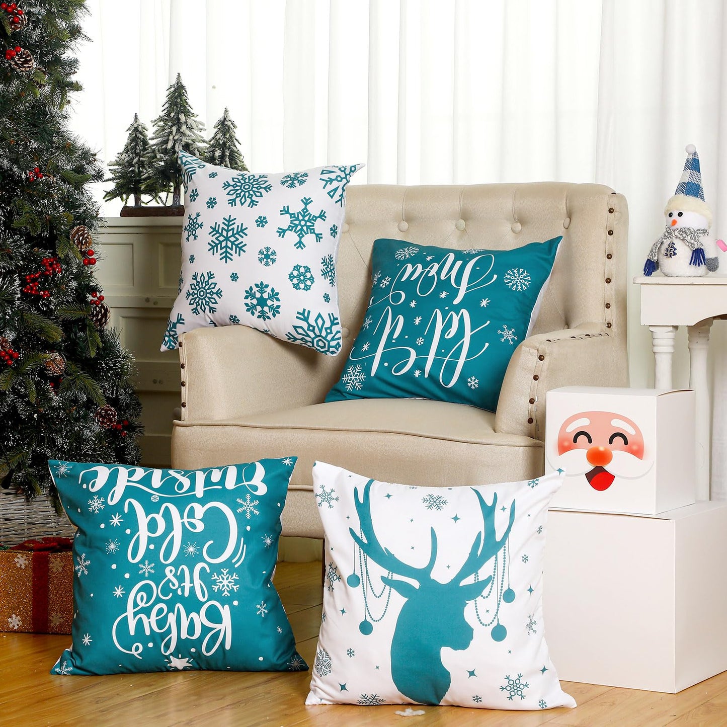 VitalCozy 6 Pcs 18 x 18 inch Christmas Throw Pillow Covers Xmas Cushion Covers Pillow Cases Snowflake Winter Throw Pillow Covers Christmas Decor for Bedroom Sofa Couch Cushion Square Home (Teal)