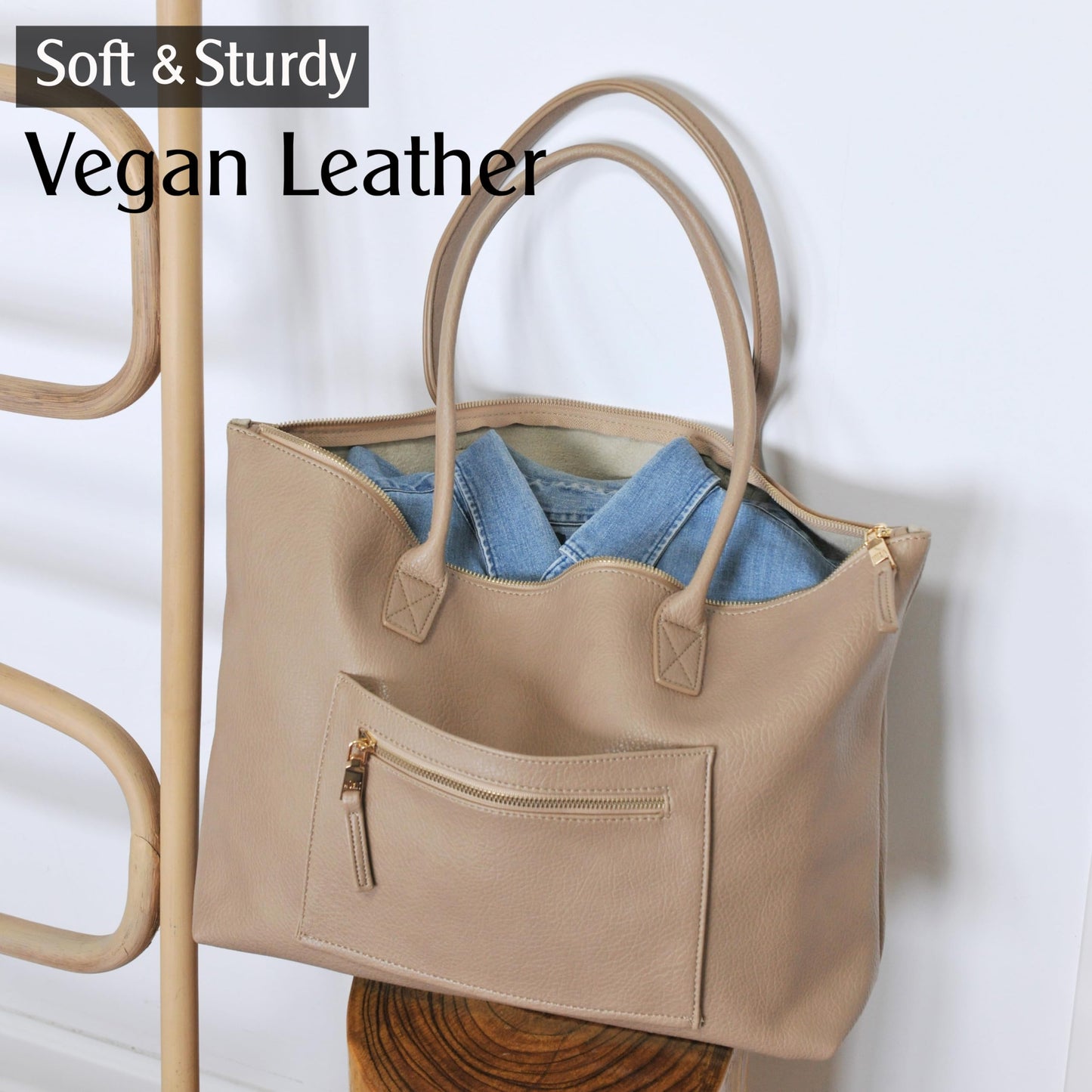 Tote Bag for Women with Zipper Vegan Leather Handbag with Trolley Sleeve Travel Weekender Carryall Bag (Nude)