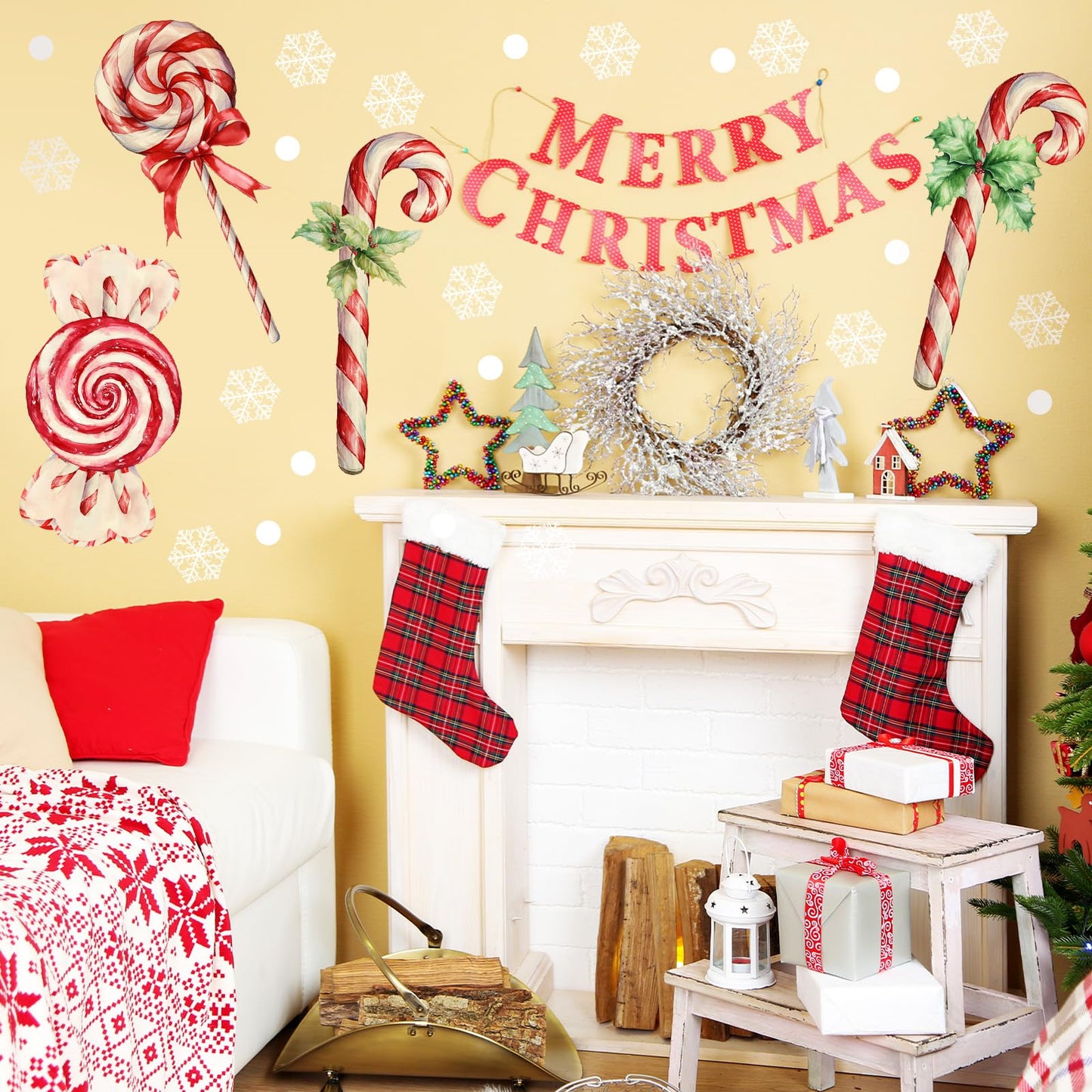 Marspark 4 Pcs Large Christmas Wall Stickers Decals Removable 35.5 x 13.5 Inch Candy Cane Wall Sticker Christmas Snowflakes Window Clings Candy Ornament for Bedroom Living Room Offices Home Decoration