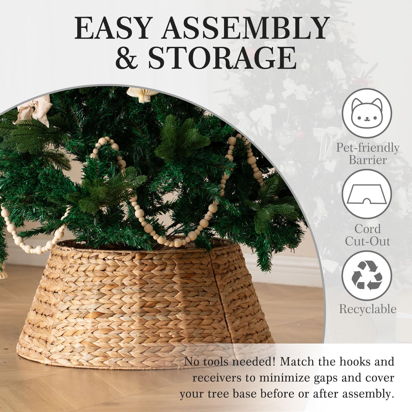 Voplintra 28in Large Christmas Tree Collar - Woven Hyacinth Tree Collars for Artificial Trees - Rattan Rustic Farmhouse Basket for Tree Base Cover with Cord Cut-Out for 6ft 7.5ft Tree (Natural)