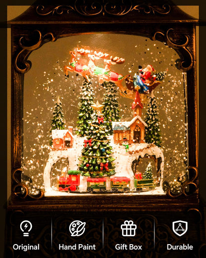 Snow Globe, Santa Snow Globe Christmas Tree, Lighted Musical Decorations Lantern,Village Houses, Train Battery, Reindeer, USB or Battery Operated，Gifts for Men and Kids.