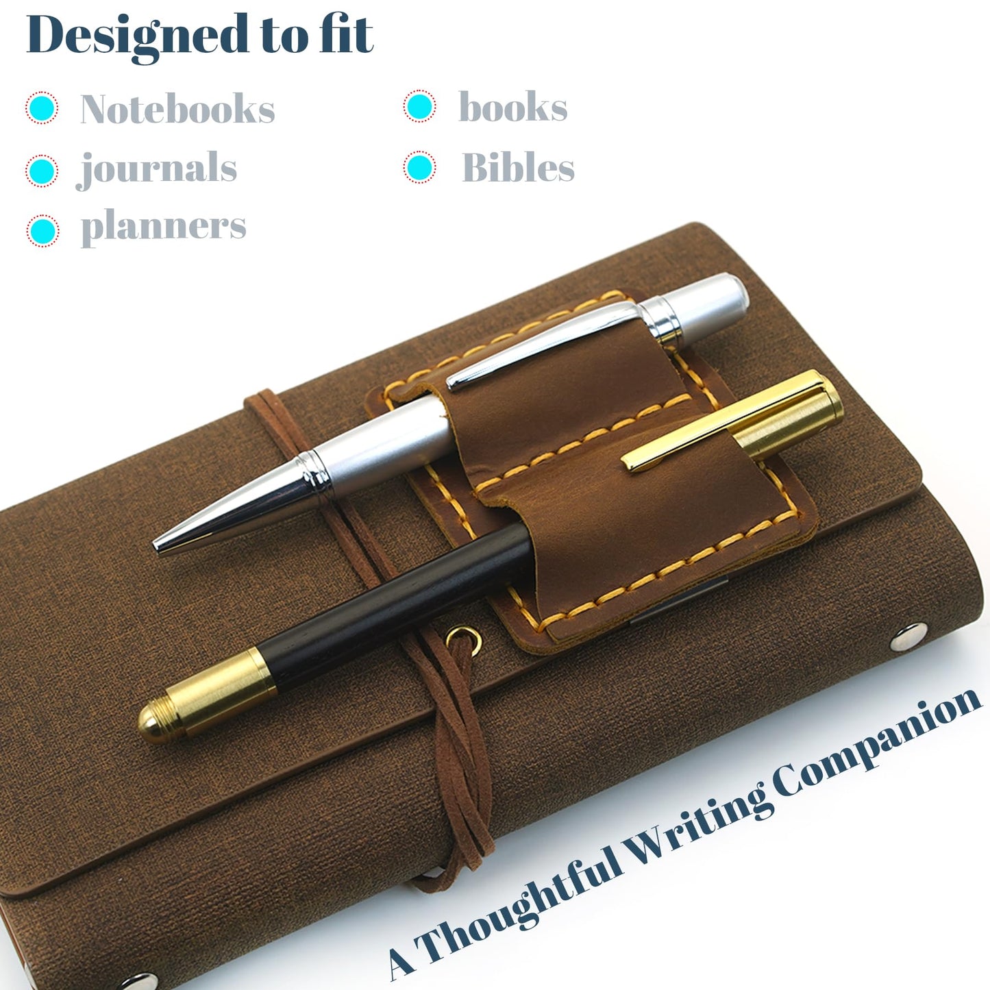 ESSSO Pen Holder for Notebook – Handmade Vintage Top-Grain Leather Notebook Pen Holder with Clip & Pen Loop for Journal, Planner & Bible (Brown)