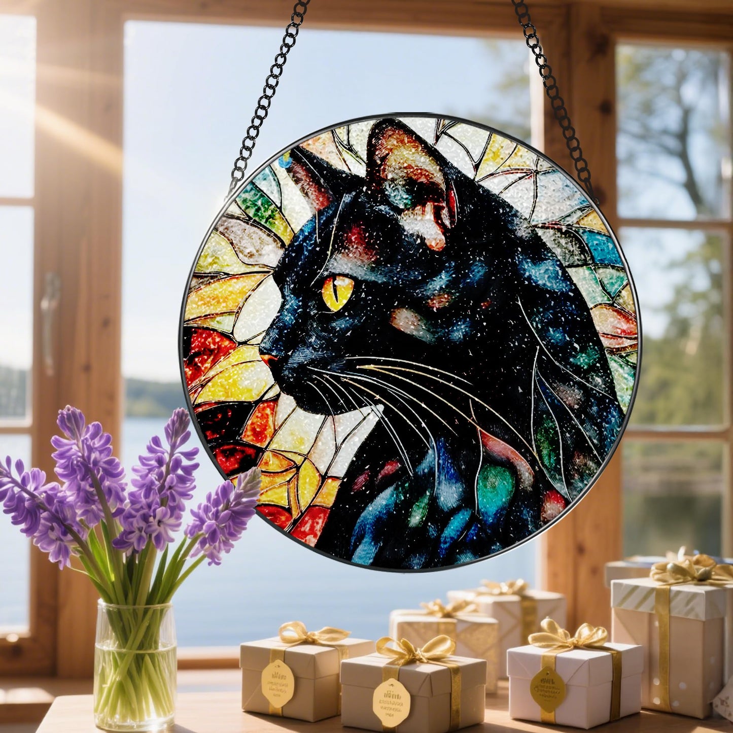 DOUHASU 8″ Stained Glass Window Hanging Ornament, Black Cat Stained Glass Suncatcher Ornament, Sun-Catcher Window Decor | Gifts for Cat Lovers, Pet Lover Gift