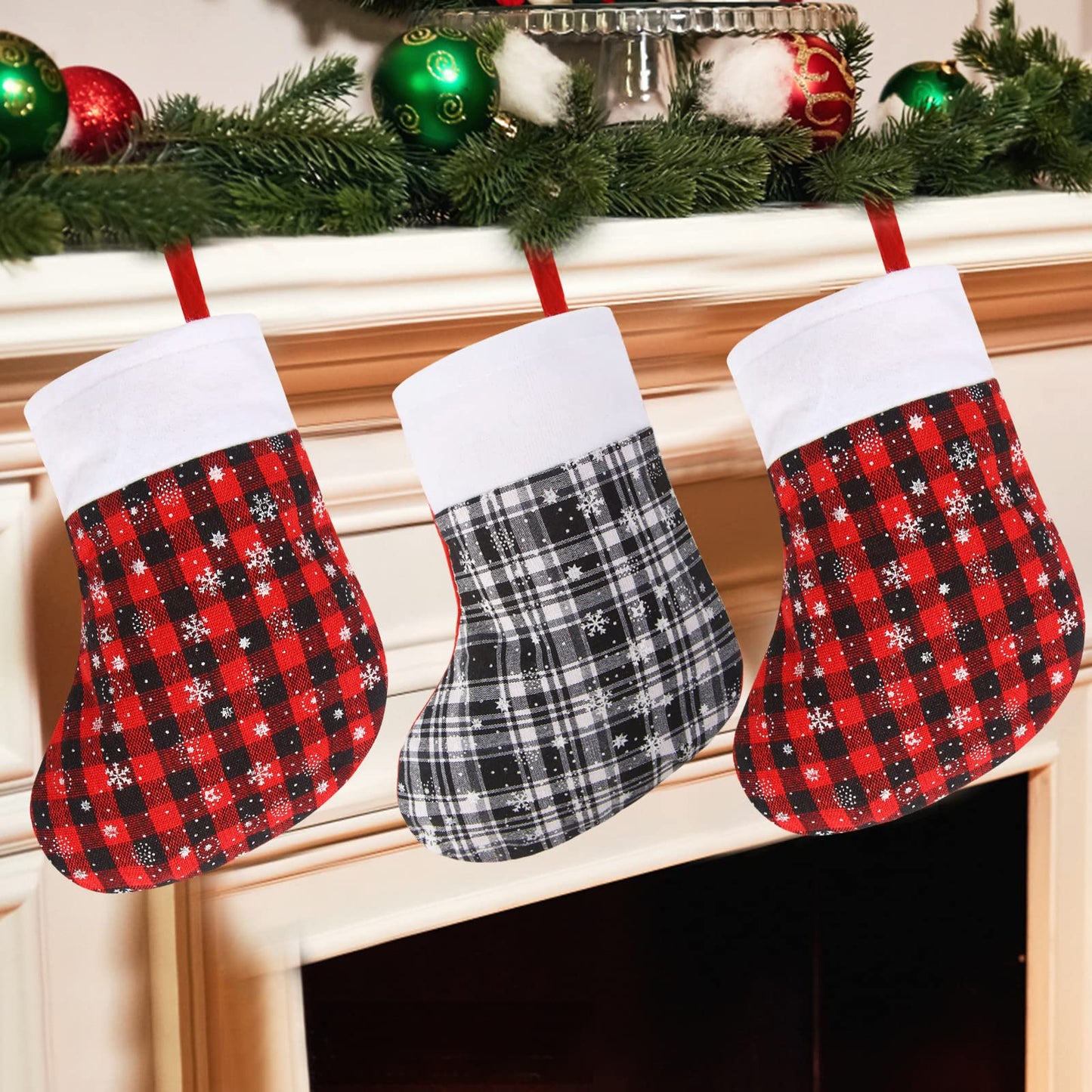 DIYASY Mini Christmas Stockings, 24 Pack Small Buffalo Plaid Stocking Snowflake Red Black Stockings Bulk for Christmas Tree Ornament Decorations Gift Holder（8Inches）