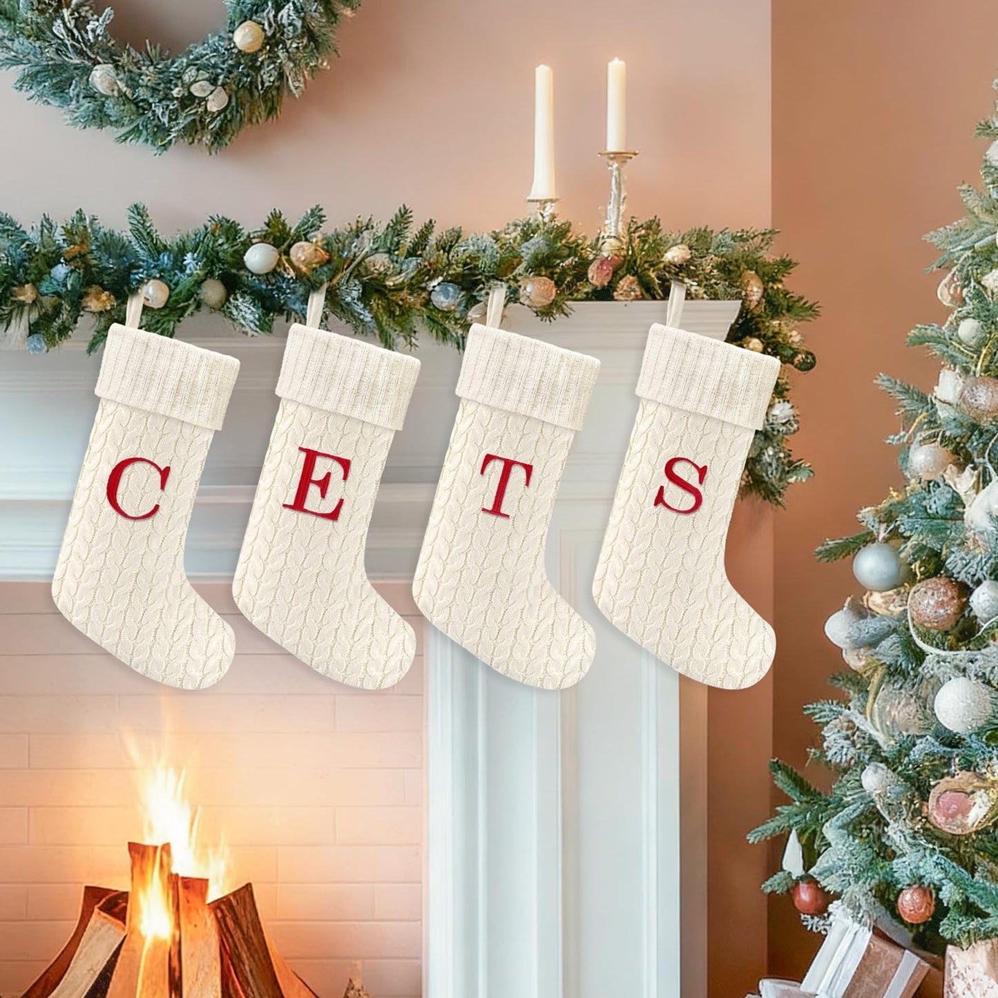 Yoochee 21 Inches Knitted Christmas Stockings with Initials, Large White Custom Monogram Embroidery Christmas Stockings with Letter, Personalized Xmas Decoration for Holiday Family Party-A