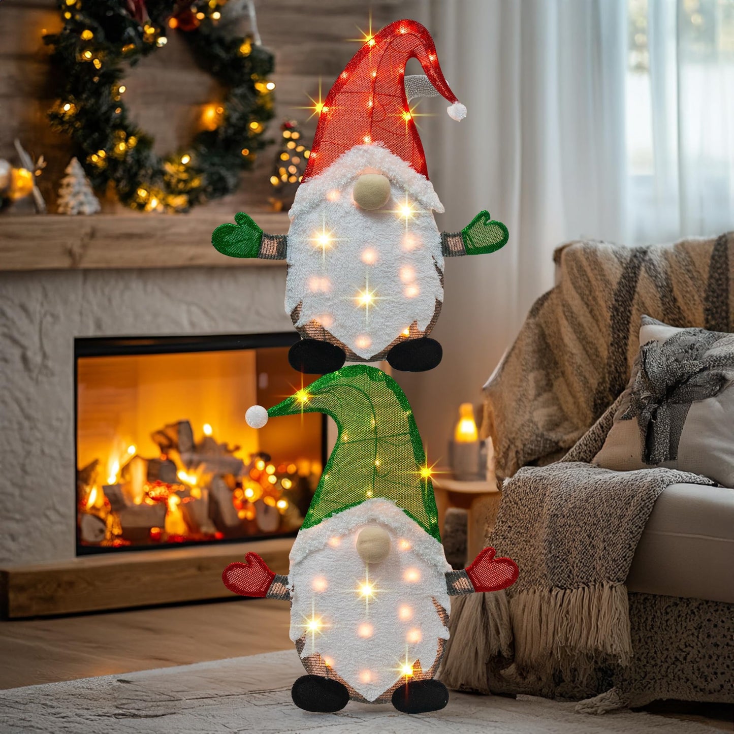 TW SHINE Set of 2 Lighted Christmas Gnomes Decorations, 50L 2 FT Stack-able Gnome Christmas Decor for Indoor Outdoor Festive Xmas Holiday Garden Yard Lawn