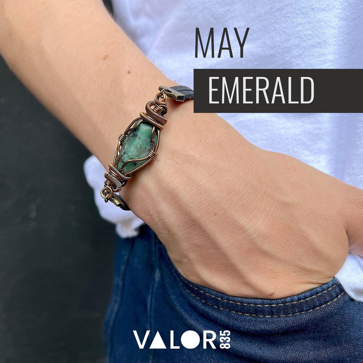 Valor 835 Raw Emerald Mens Bracelet | Copper Wire Wrapped Crystal Bracelet for Men, Genuine Leather Cord with Magnetic Clasp, Gifts for Him, Gifts for Men, Mens Jewelry, Green Stone Jewelry