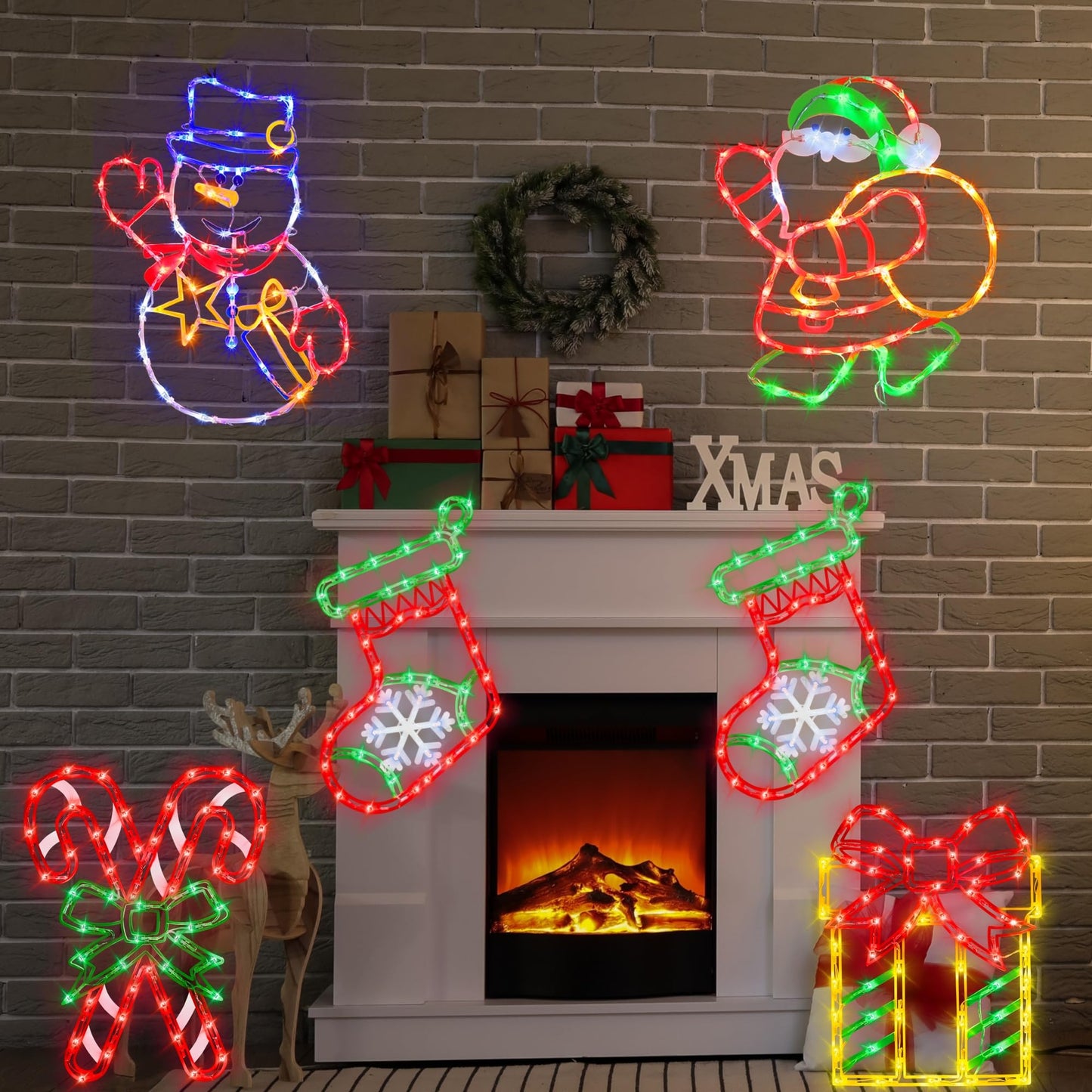 TRWYMZ 16" Christmas Window Silhouette Lights - 4 Pack Colour Lighted Christmas Stocking & Candy Cane & Gift Box & Santa for Holiday Indoor and Outdoor Wall Door Window Decorate