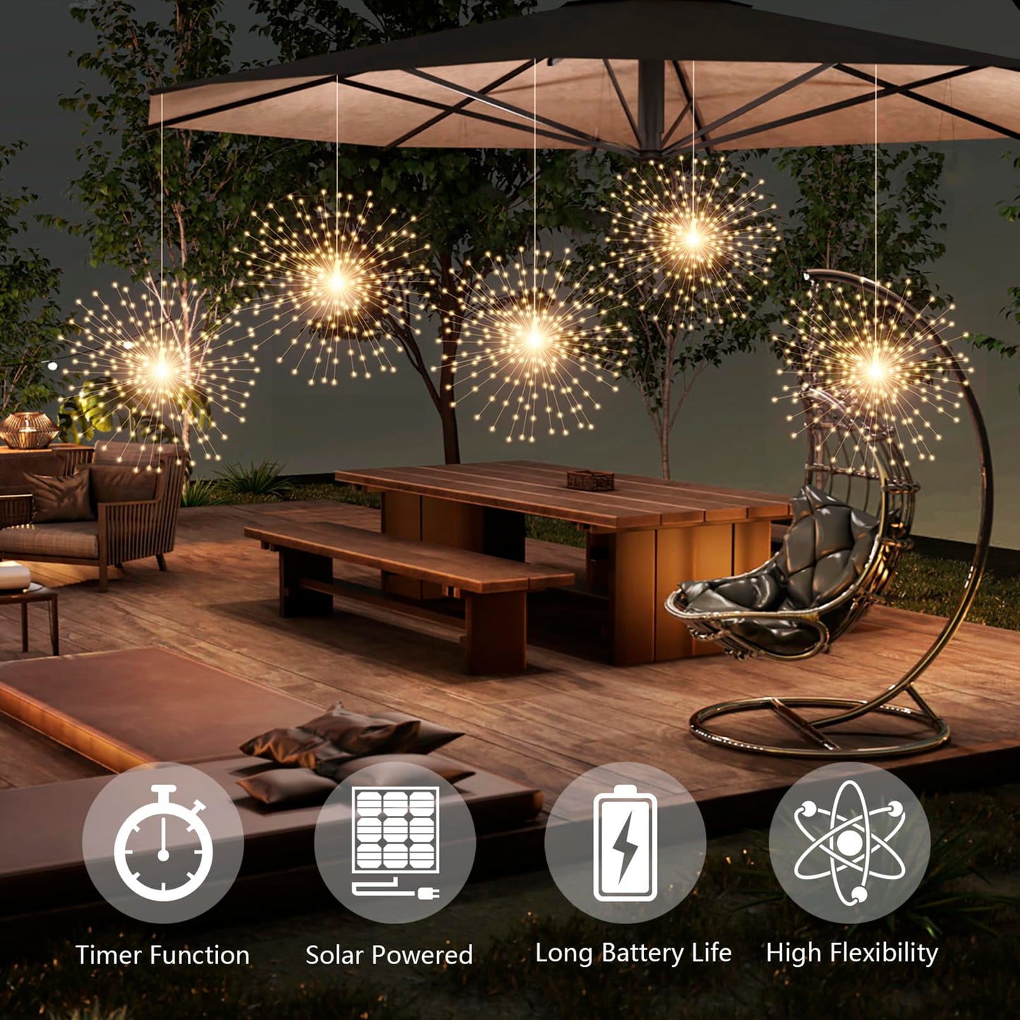 SHUKAN 5 Pcs 1000LED Solar Starburst Sphere Lights,Firework Light Remote Control Timer 8 Modes Dimmable Waterproof Hanging Fairy Light, Sparkly Lights for Patio Garden Tent Outdoor(Warm White)