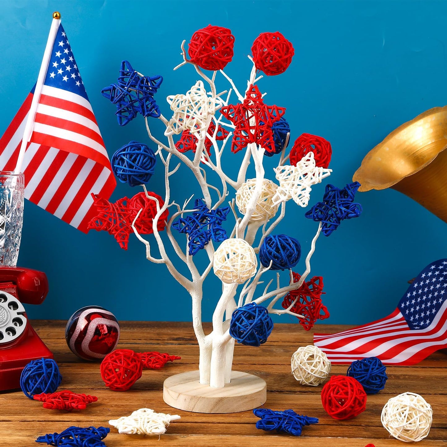 NOVWANG 40 Pcs 4th of July Star Rattan Balls Decoration Centerpieces Red Blue White Wicker Ball for 4th of July Independence Day Patriotic Party Decoration Table Vase Bowl Filler Hanging Decor