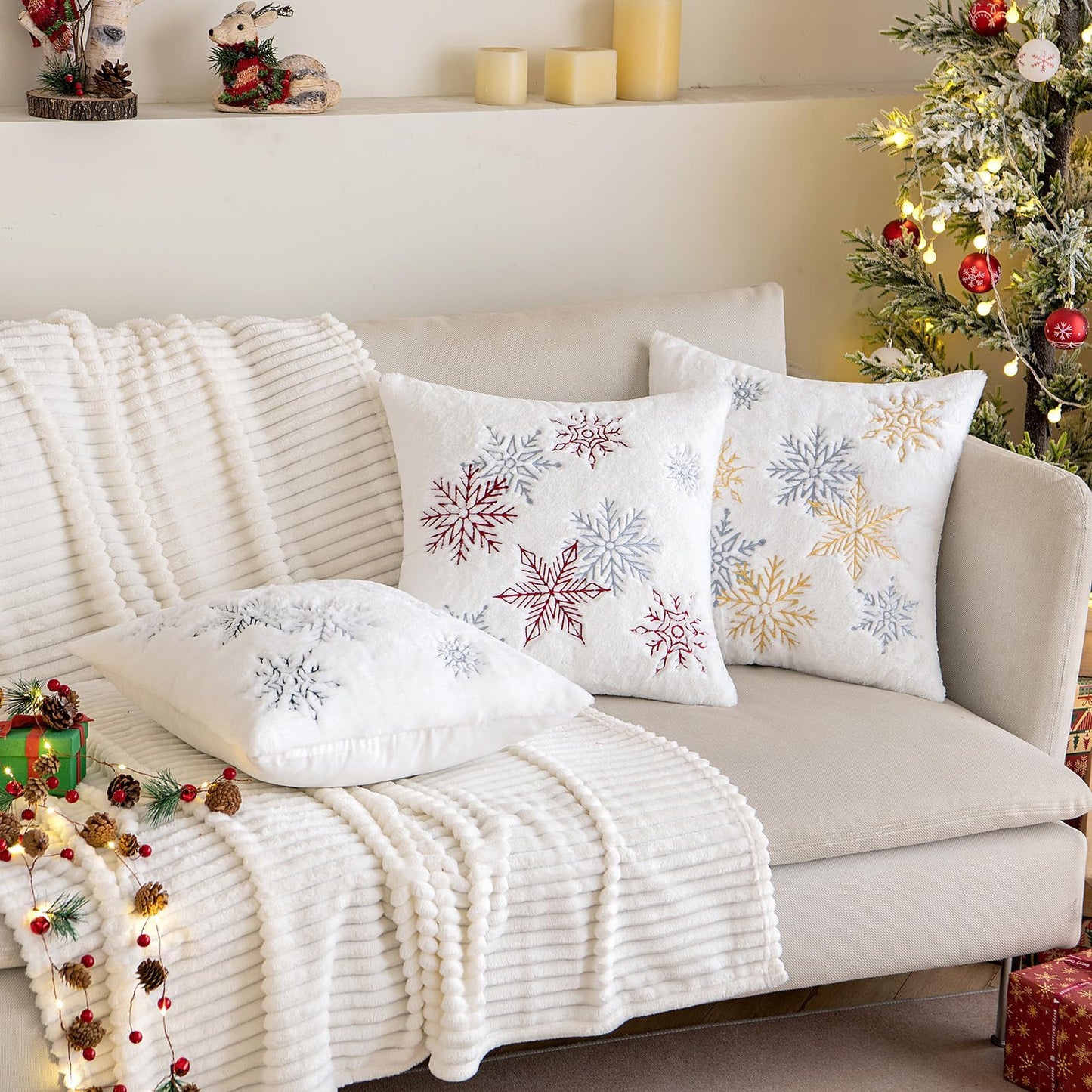 MIULEE Pack of 2 Christmas Decorative Throw Pillow Covers Soft Faux Fur Pillow Cases with Embroidery Snowflake Winter Cute Pillowcases Holiday Decor for Couch Sofa Bedroom, 16×16 Inch, Burgundy