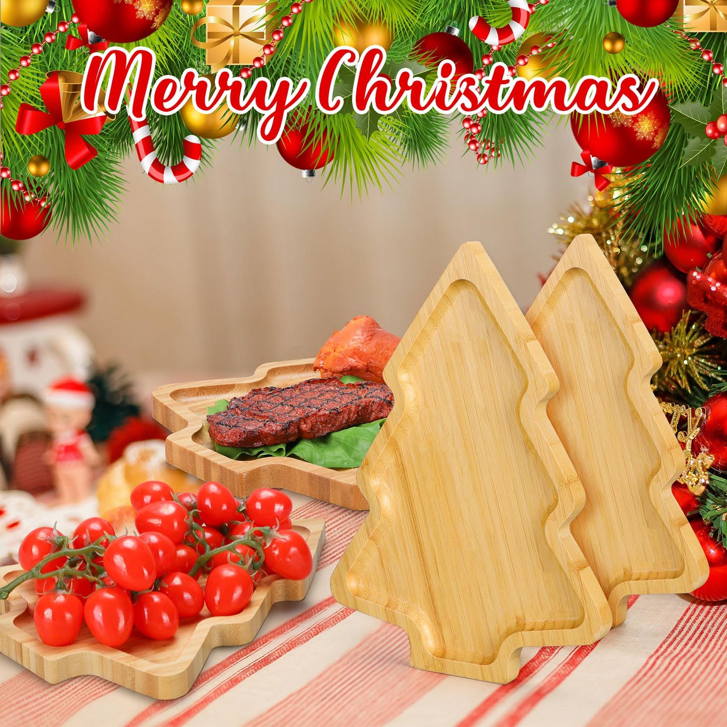 Sliner 4 Pieces Christmas Dishes Christmas Tree Shaped Wooden Appetizer Tray Wood Candy Tray Xmas Tree Shaped Charcuterie Board Sushi Serving Snack Appetizer Platter for Home 11''x7.9''