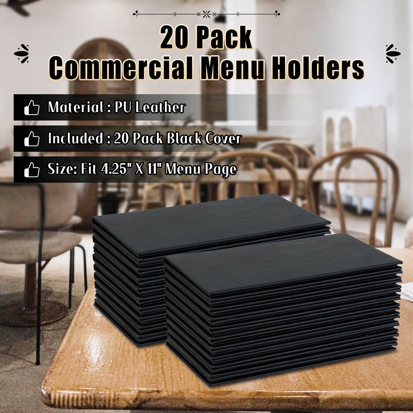 FLKQC 20 Pack Restaurant Menu Covers Holders 4.25" X 11", 2 Pack 2 View Synthetic Leather Menu Holder Covers Book Style with Angled Corners Black for Wine List, Morning Menu, Wine Menu (20, 2 Page)