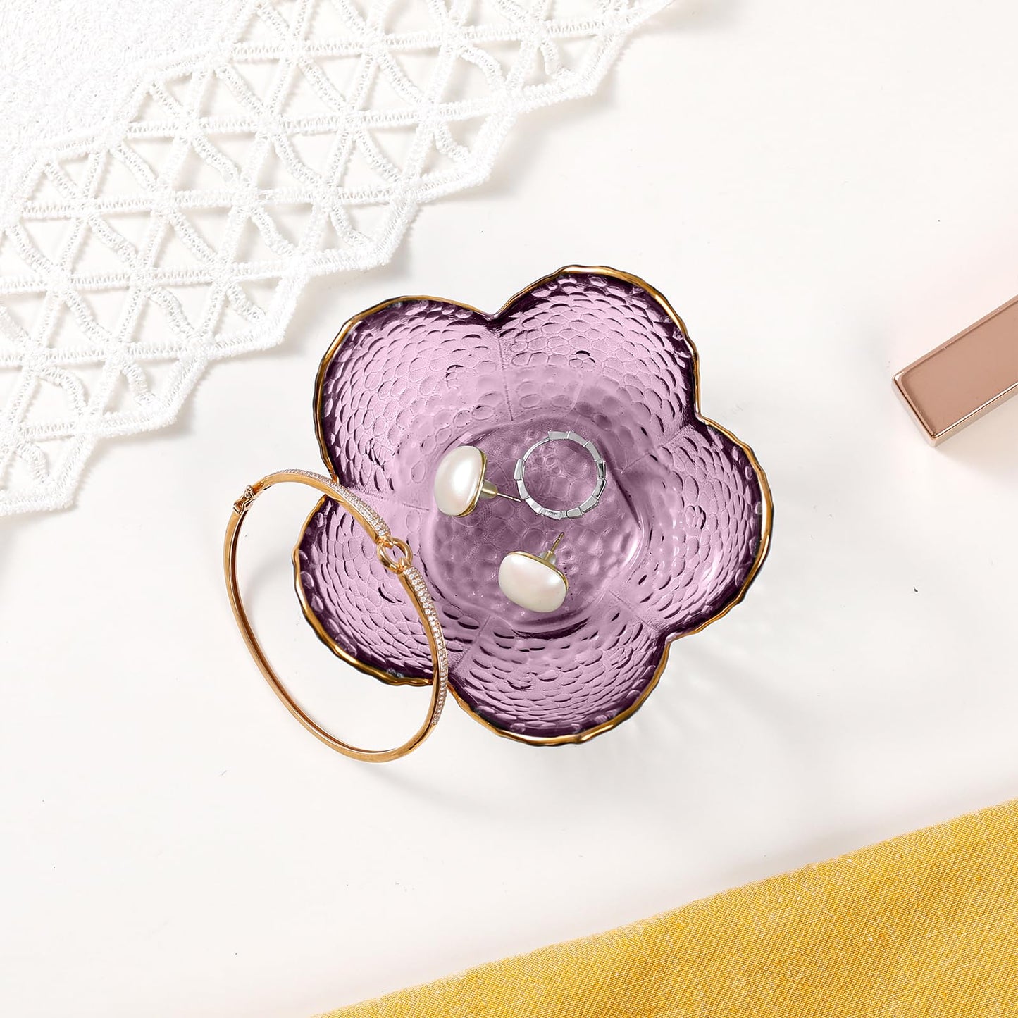 Purple Flower Jewelry Dish Glass Ring Dish Jewelry Tray Cute Vanity Organiser Room Decor Aesthetic Nightstand Bathroom Decor Trinket Dish Ring Holder Valentine's Friendship Birthday Gifts for Women
