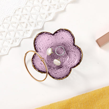 Purple Flower Jewelry Dish Glass Ring Dish Jewelry Tray Cute Vanity Organiser Room Decor Aesthetic Nightstand Bathroom Decor Trinket Dish Ring Holder Valentine's Friendship Birthday Gifts for Women