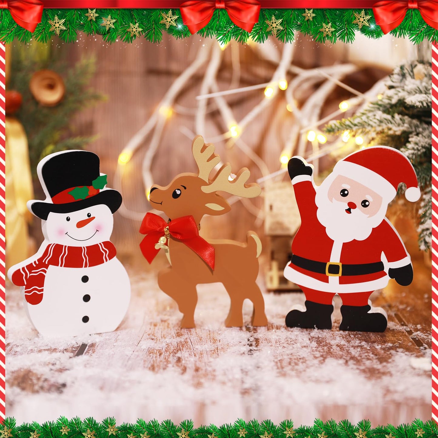 COCHIE Snowman Christmas Decorations Indoor, Cute Winter Tiered Tray Decor Set of 3, Wooden Snowman Blocks Xmas Table Decoration for Party Home Office Shelf Door (Santa Claus Reindeer)
