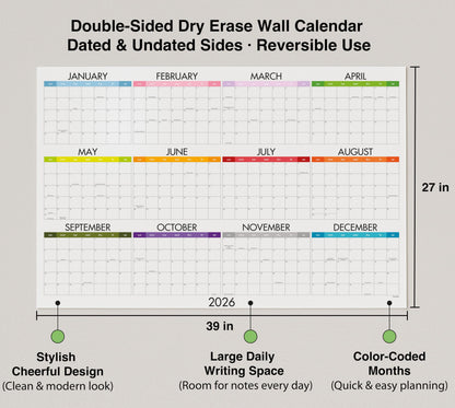 Dry Erase Wall Planner (27×39 in) – Double-Sided Reusable Yearly Planner with Undated Planning Board & 2026 Calendar Reference, Large Laminated Write & Wipe Wall Calendar for Home, Office, Classroom — Rolled Poster.