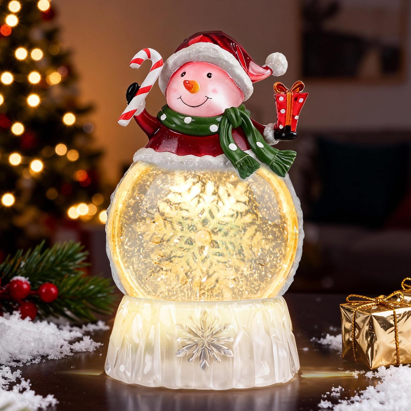 9" Lighted Christmas Snow Globe Lantern, Snowman Water Globe with Swirling Glitter, 8 Christmas Songs, USB/Battery Powered, 6H Timer, LED Holiday Tabletop Decor
