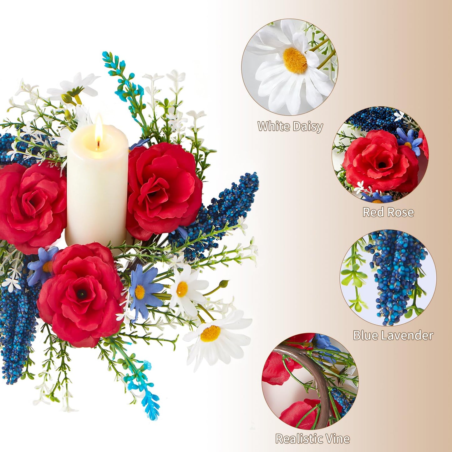 4th of July Candle Ring Wreath 4Pcs, 11.8 Inch Small Patriotic Wreath, Mini Artificial Rose Lavender Daisy Wreath, Tabletop/Candle Ring Decor for Home Front Door, Porch, Wall, Window, Cabinets