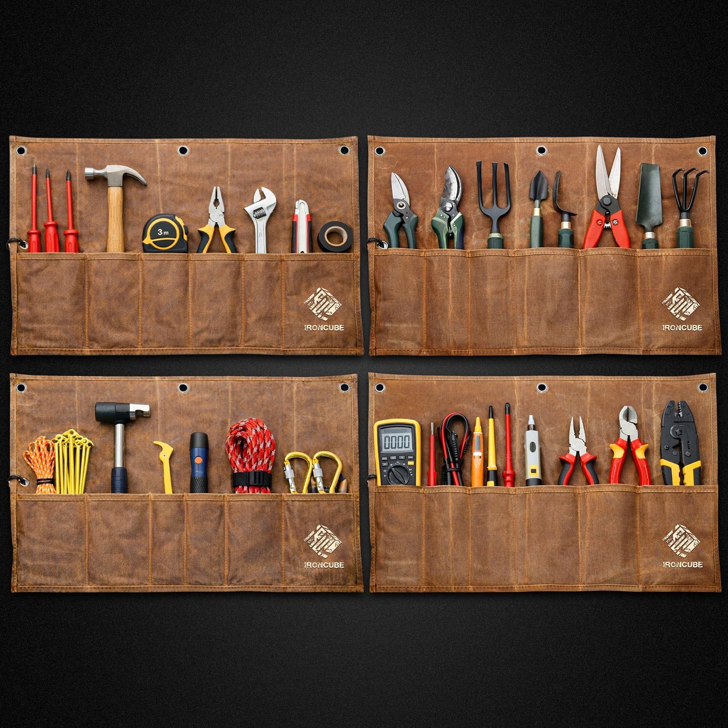 IRONCUBE Tool Organizer Bag, 6 Pockets Wax Canvas Weatherproof Roll-Up Pouch for Hand Tools