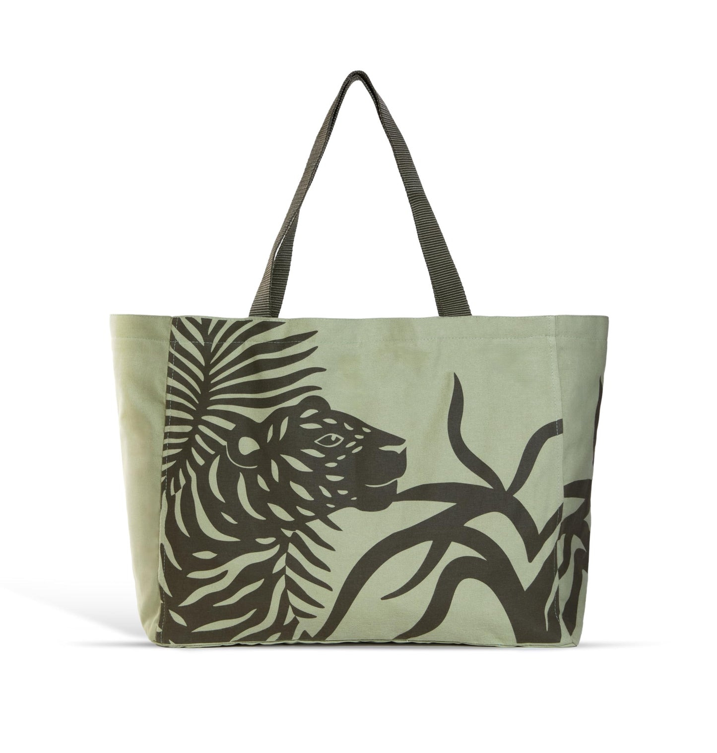 Wild Harmony Canvas Bag – Tiger Print Cotton Bag with Khaki Webbing Handles, Interior Pocket - 3 Color Options (khaki)