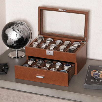 ROTHWELL 20 Slot Leather Watch box - Luxury Case Display Jewelry Organizer, - Locking Display Case Holder with Large Real Glass Top - Watch Box Organizer for Men and Women (Tan/Brown)