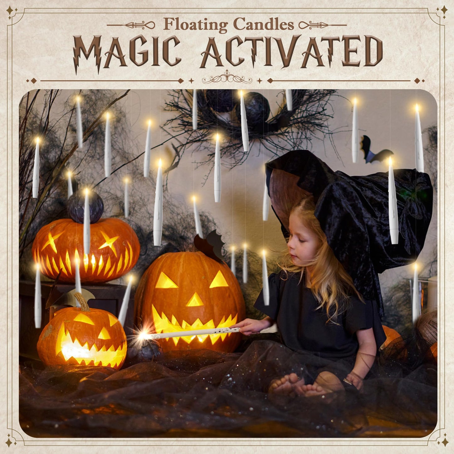 JOIONE Floating Candles with Wand, 12 Pack Hanging Candles with Magic Wand Remote, Battery Powered Floating Candles with Wand, Flameless Magic Hanging Taper Candles for Xmas Halloween Decor, White