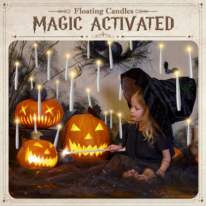 JOIONE Floating Candles with Wand, 12 Pack Hanging Candles with Magic Wand Remote, Battery Powered Floating Candles with Wand, Flameless Magic Hanging Taper Candles for Xmas Halloween Decor, White