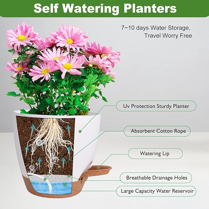 Plant Pots, Self Watering Planters for Indoor Plants with Drainage Hole, Plastic Flower Pot for Succulents, African Violet (White, 12/10/9)