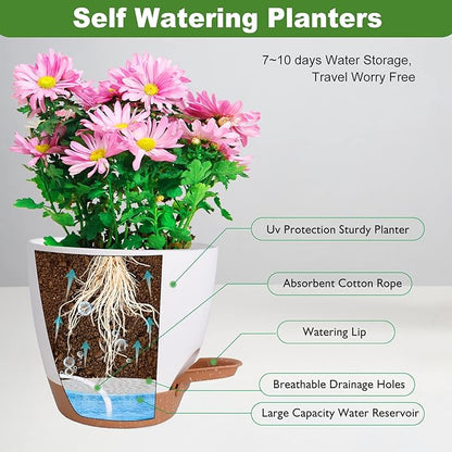 Plant Pots, Self Watering Planters for Indoor Plants with Drainage Hole, Plastic Flower Pot for Succulents, African Violet (White, 12/10/9)