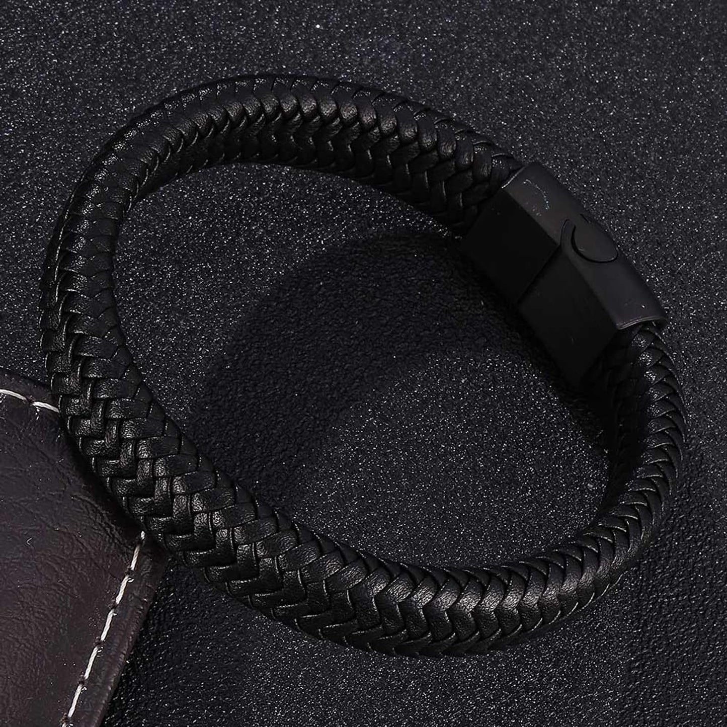 Silverso Men's Leather Bracelet, Stackable Stainless Steel Clasp Bracelets for Men Stylish Birthday, Thanksgiving, Valentine's Day Gift for My Man (7.8" Pure Black)