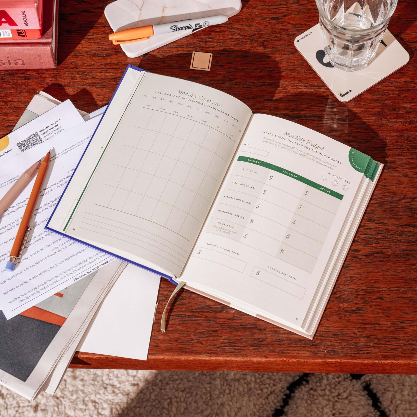 Papier Shine Finance Planner - Olive Hardback | Track Expenses, Savings, Outgoings | Undated | Includes Money Tracker, Daily & Monthly Calendar, & Monthly Budget Section | Budgeting Gift For Students