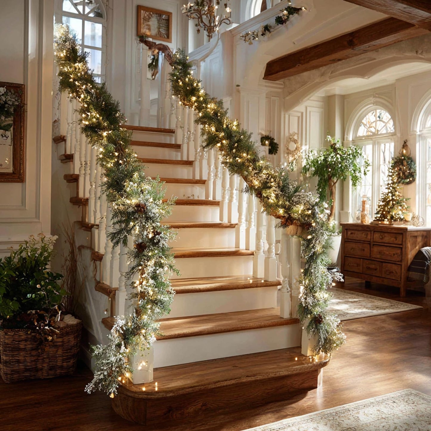 9FT Christmas Garlands Norfolk Pine Garland, Real Touch Artificial Winter Pine Garlands with Snowflake, Green Artificial Greenery Garland for Table, Wall, Mantle, Indoor, Outdoor Christmas Decorations