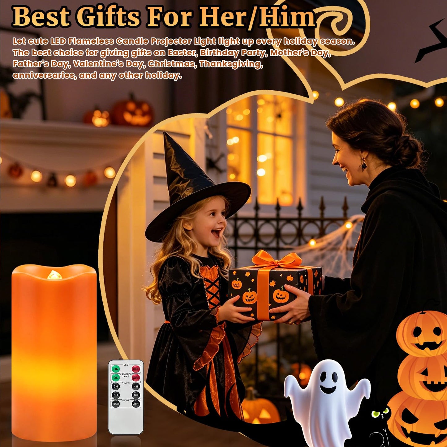 AVEKI Halloween Flameless Candles Projector, LED Pillar Candles with Remote and Timer, Battery Operated Romantic Projection Light for Wedding Home Decor, Gifts for Festival (Orange - Halloween)