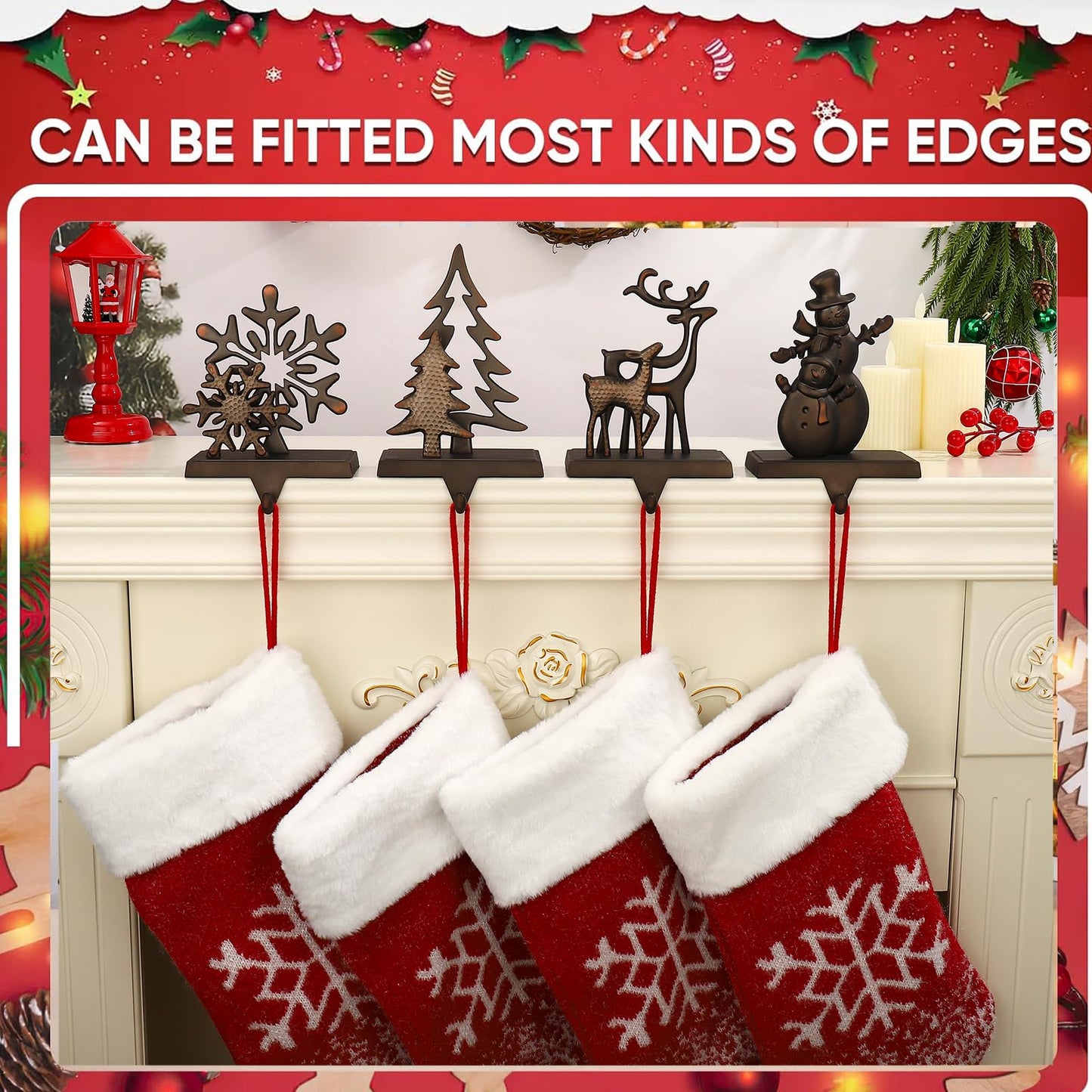 Set of 4 Christmas Stocking Holders for Mantel,Deer Snowman Snowflake Reindeer Stocking Holders for Fireplace Christmas Hanger for Stocking,Metal Stocking Hooks for Xmas Decoration (Black set, 4)