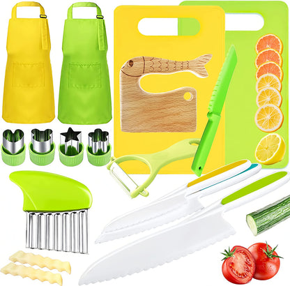 15 PCS Montessori Kitchen Tools for Toddlers Kids Cooking Sets, Apron, Serrated Toddler Knife, Crinkle Cutter, Sandwich Cutter, Wooden Fruit Knife, Y Peeler, Cutting Board for Cooking Kid Safe Knive