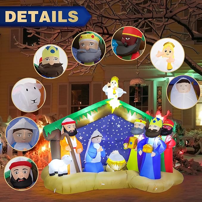 8 FT Christmas Inflatables Nativity Scene Outdoor Decorations, Christmas Blow Up Yard Decorations Nativity Sets for Garden Lawn Xmas Decor