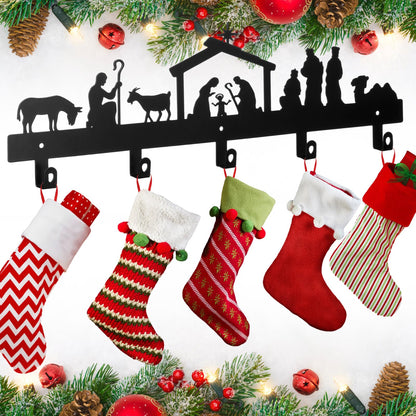 Blulu 1 Pcs Christmas Stocking Wall Rack with Hangers Holder Stand Metal Stocking Hangers Mantel Wall Mount Hook Holder for Mantle Entryway Holiday, Black (Nativity)