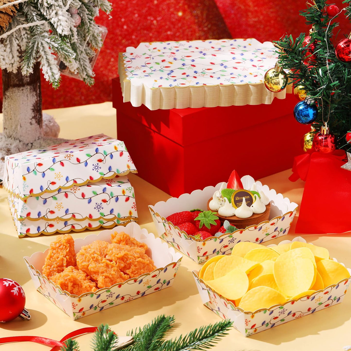 Dunzoom 60 Pcs Christmas Paper Plates Food Trays Plaid Light Nutcracker Gingerbread Christmas Movie Snack Tray Disposable Xmas Paper Boat Bowl for Nacho Popcorn Holiday Party Supplies(Bright)