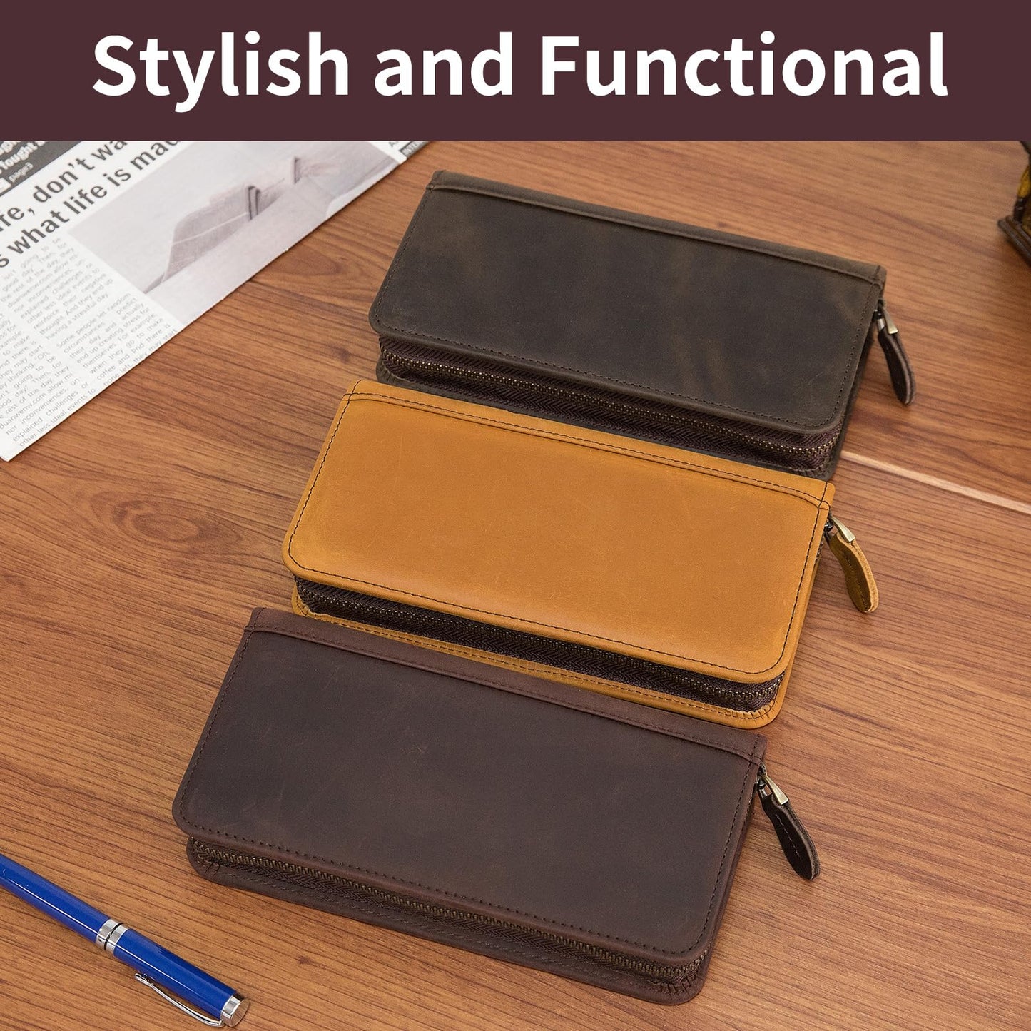 Geslun Genuine Leather Fountain Pen Case - Zippered Ballpoint Pen Pouch Bag with 4 Loops Holder, Inside Open Slot, Handmade Soft Cowhide, Vintage Stationery Gift for Men and Women, Brown