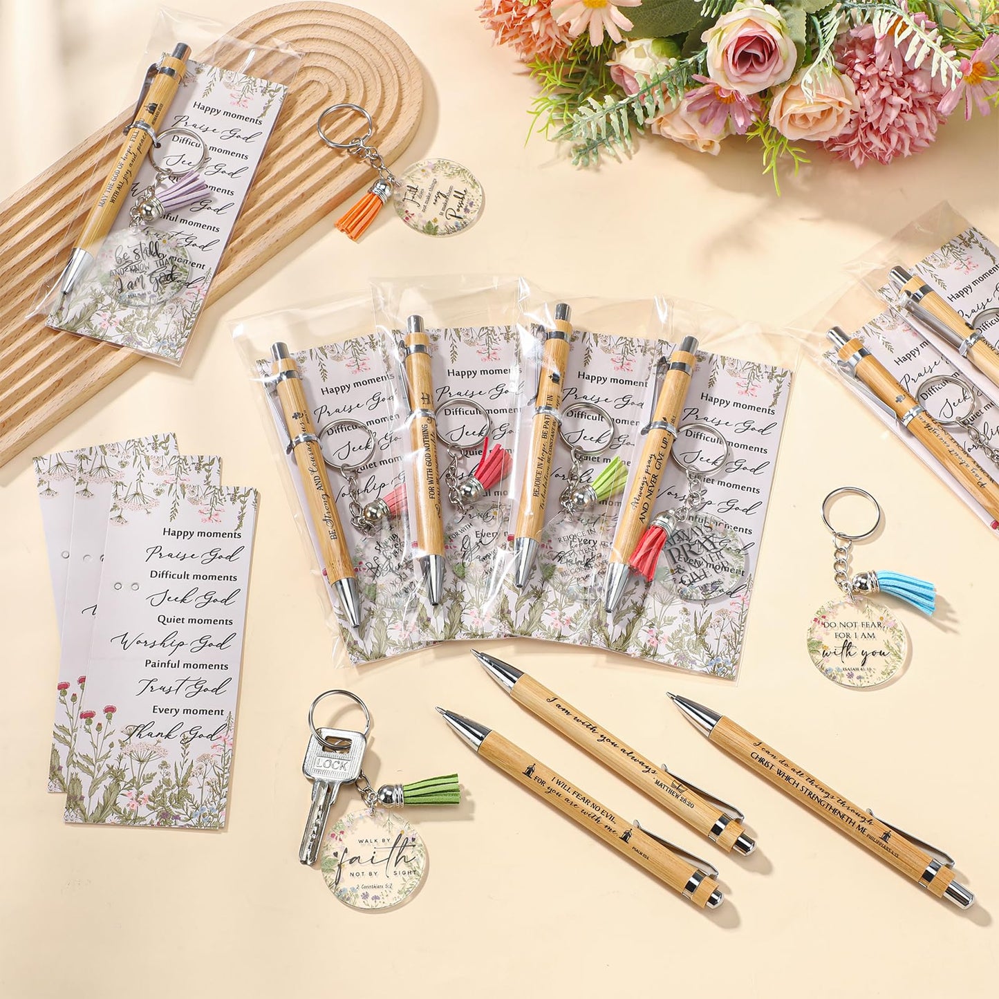 Spakon 10 Sets Fathers Day Christian Gifts Bulk Bible Verse Bamboo Pen Christian Floral Keychain Inspirational Bookmark Religious Church Gift for Church Members Women Sunday School Teacher (Bible)