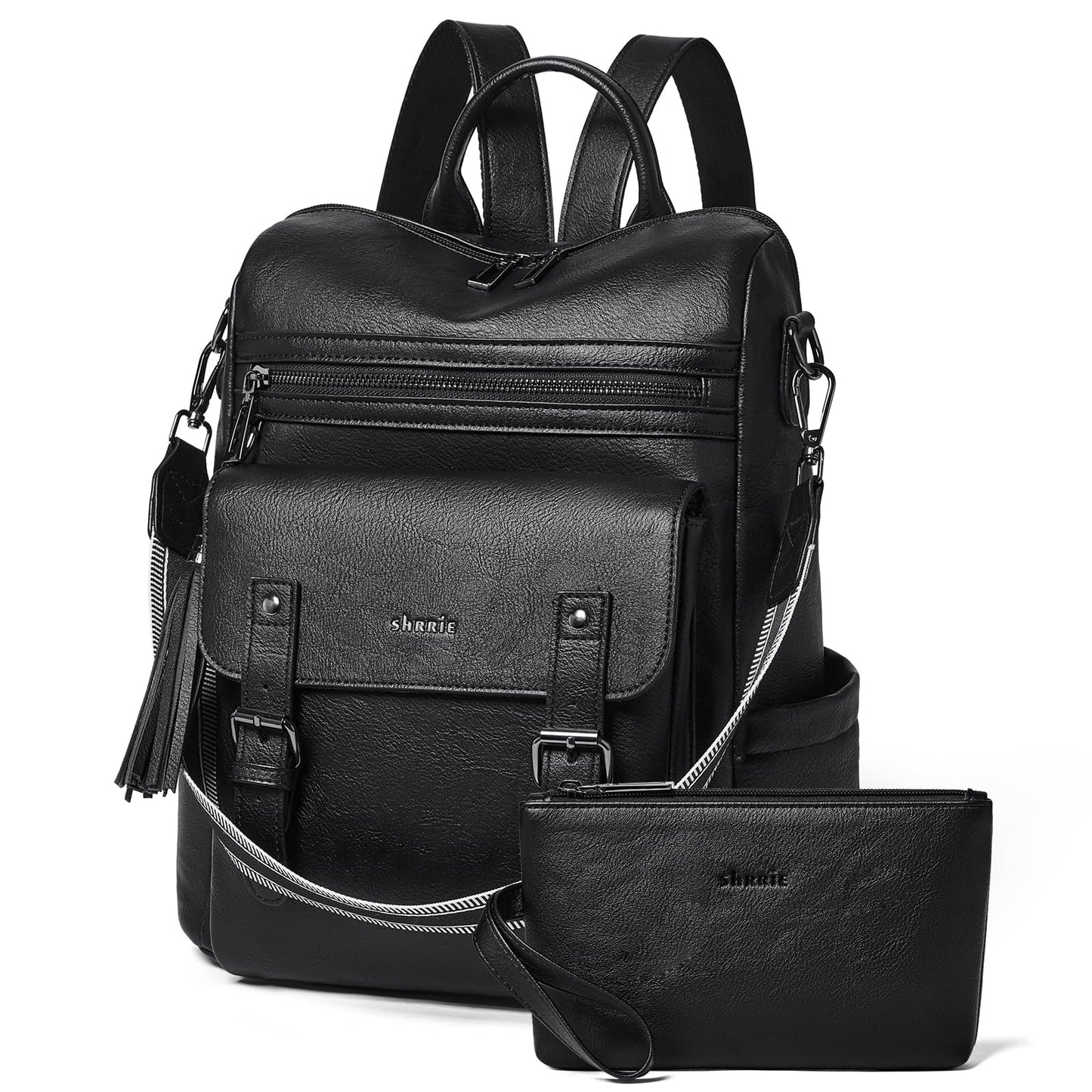Shrrie Womens Vegan Leather Backpack Purse for Work College Black Fashion Small Backpack Design Water-Resistant Purse