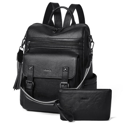 Shrrie Womens Vegan Leather Backpack Purse for Work College Black Fashion Small Backpack Design Water-Resistant Purse