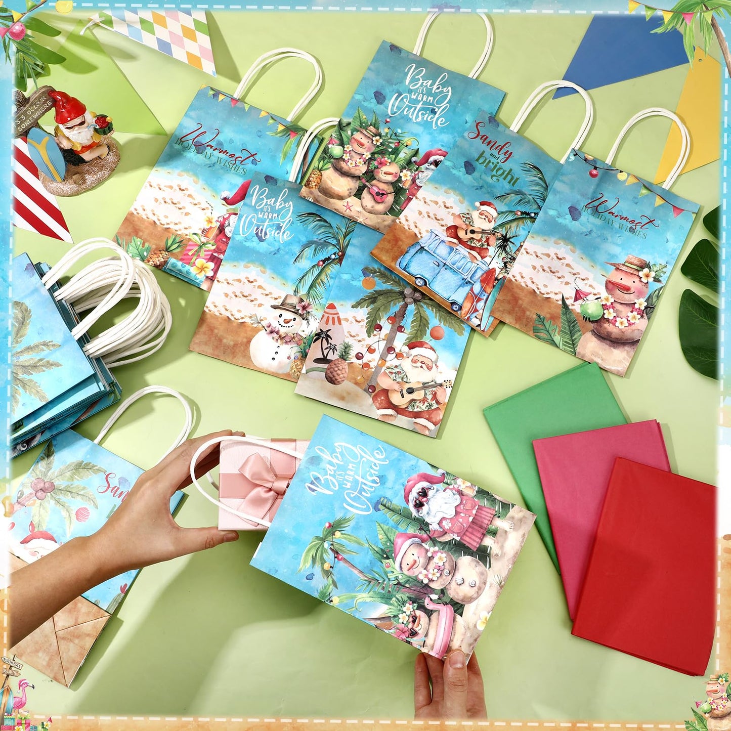 Sinload 36 Sets Summer Christmas Party Gift Bags with Tissue Paper Xmas in July Santa Tropical Goodie Bags with Handle Christmas Treat Tote Hawaiian Flamingo for Beach Pool Birthday Party Decoration