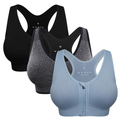 Women's Zip Front Sports Bra - Wireless, Post-Surgery, Padded, Racerback, Workout Gym Yoga Bras - 3 Pack (Large, Black+Grey+Light Blue)