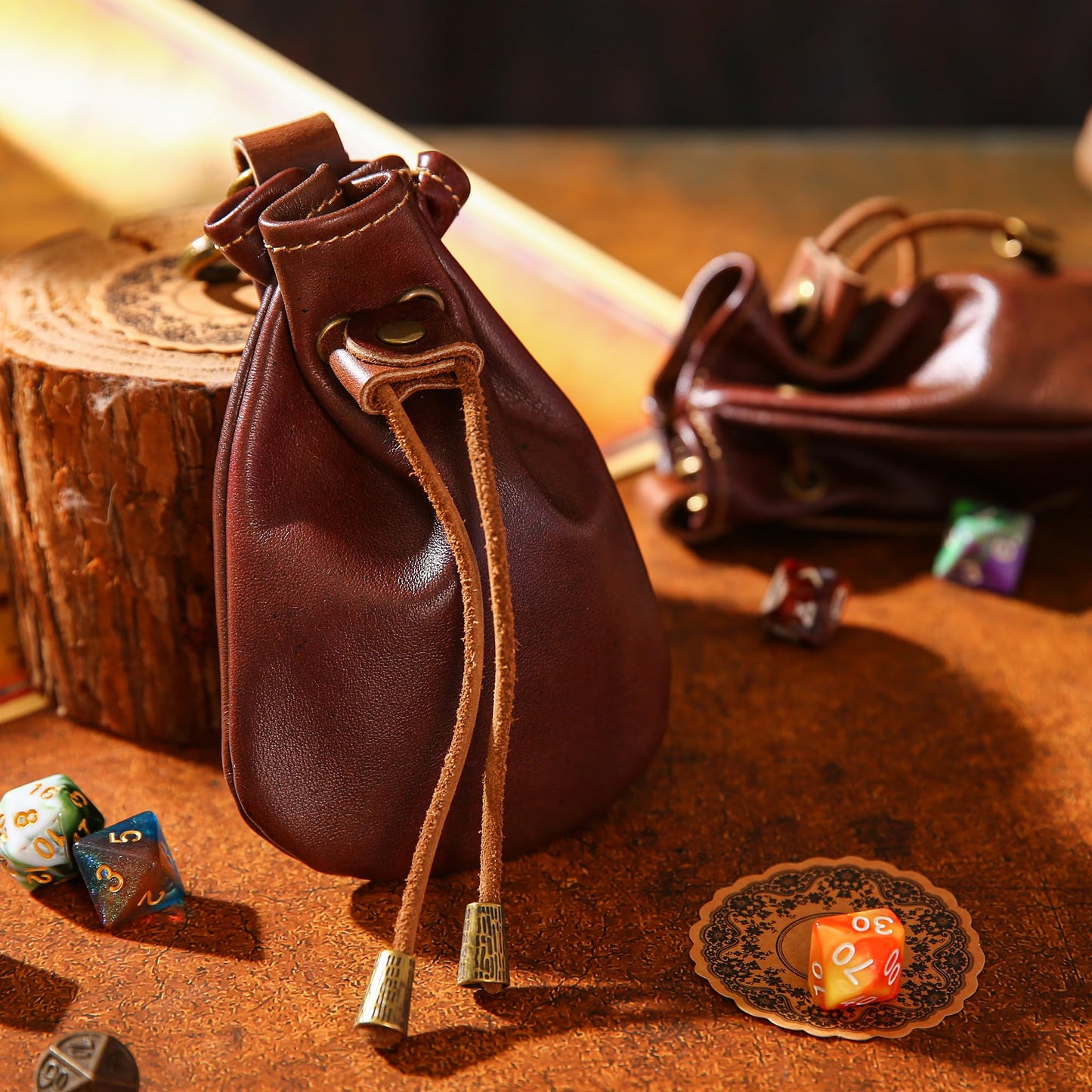 CHULEAG Vintage Medieval Drawstring Belt Pouch, FULL-GRAIN Leather, handmade, portable coin&dice purse with keychain. (small)