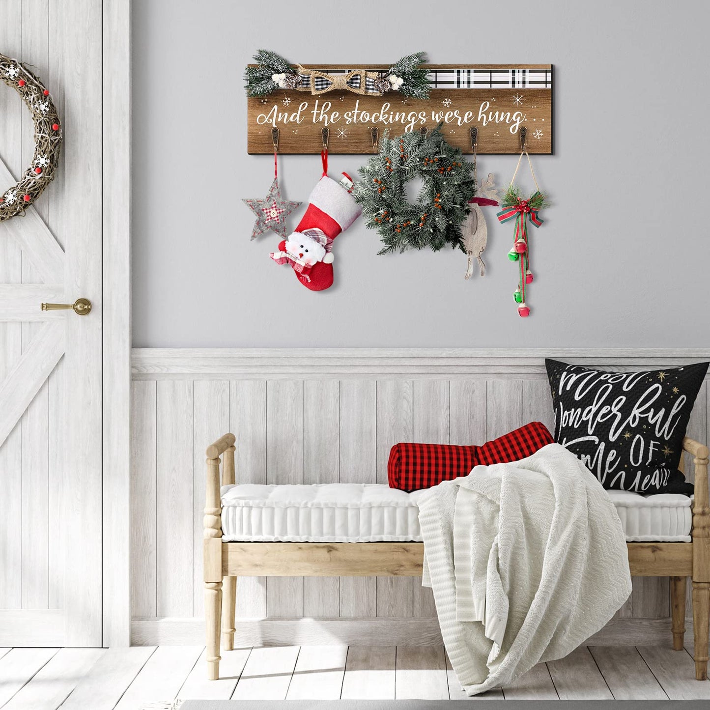 Christmas Stocking Holder with 6 Hangers The Stockings were Hung Wooden Sign Xmas Wall Hanging Sign Wall Mount Hook Holder Decorative Wood Stocking Hanger for Mantle(Snowflake Style)