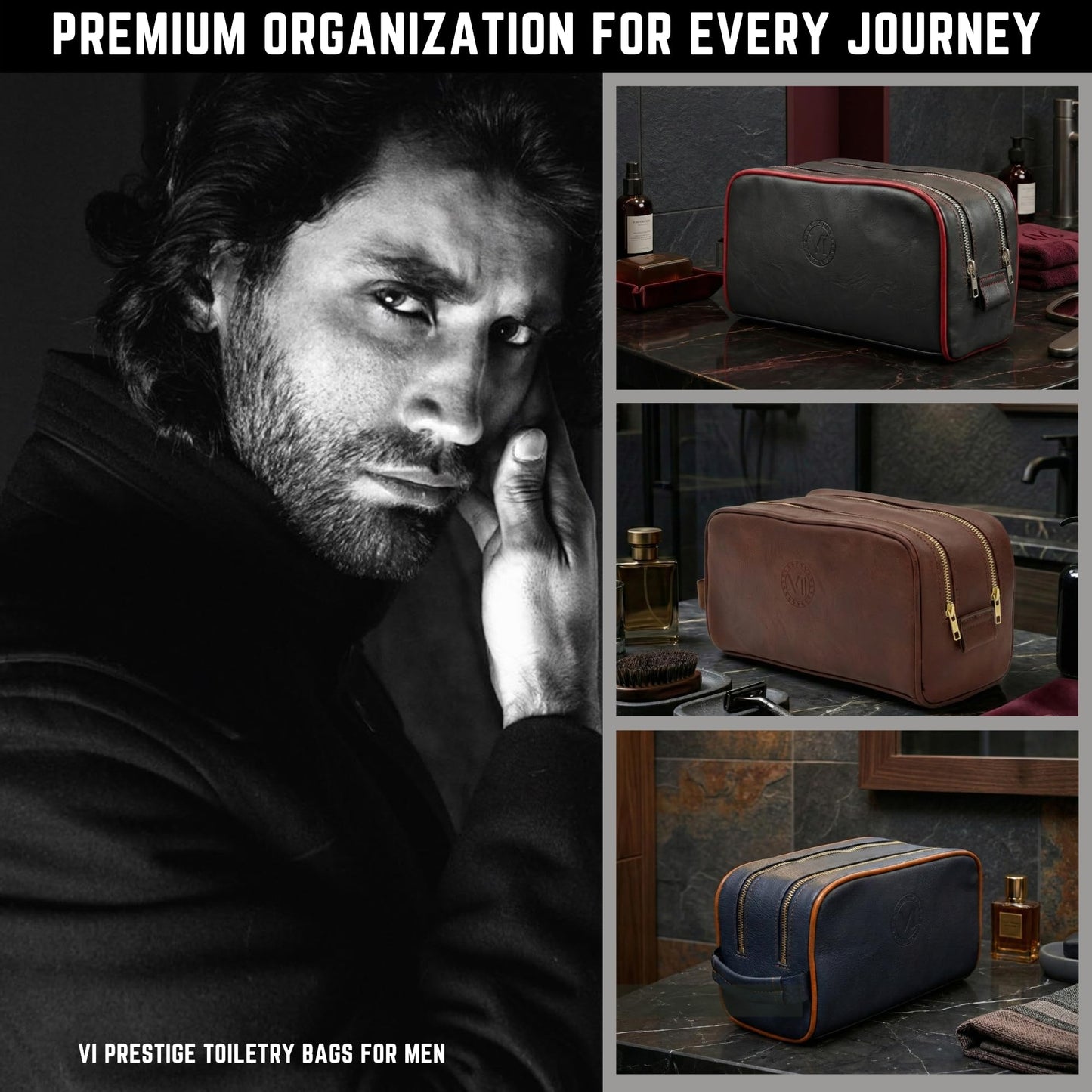 Toiletries bag for men, Premium PU Leather Dopp with Metal Zippers & Bottom Studs, Waterproof Grooming Kit for Men, Mens Birthday Gift, Includes Velvet Dust Bag & Shape-Retention Stuffing / DARK BROWN