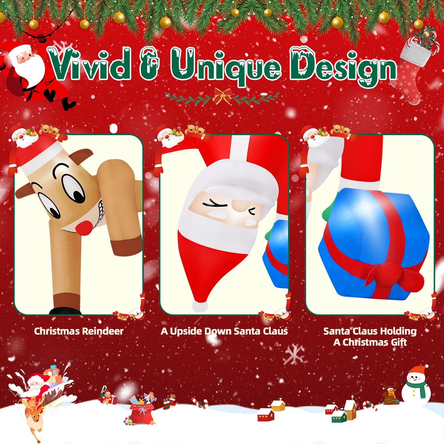 B&D 6FT Christmas Inflatable Reindeer Pulling Falling Santa Outdoor Decorations, Funny Hanging Inflatable Christmas Decorations Built-in LEDs Blow Up Yard Inflatable for Xmas Party Indoor Garden Roof