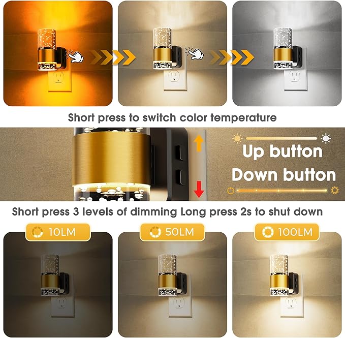 Night Lights Plug into Wall, Dimmable Night Light with Dusk-to-Dawn Light Sensor, Soft White/Cool White/Amber 3 Light Color, Adjustable Brightness, Rotatable plug, Bubble Nightlight for Hallway